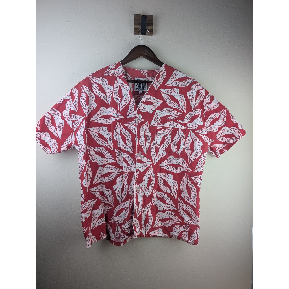 Vintage Joe Boxer Mens L Red White Tropical Palm Print Pajama Aloha Shirt USA
